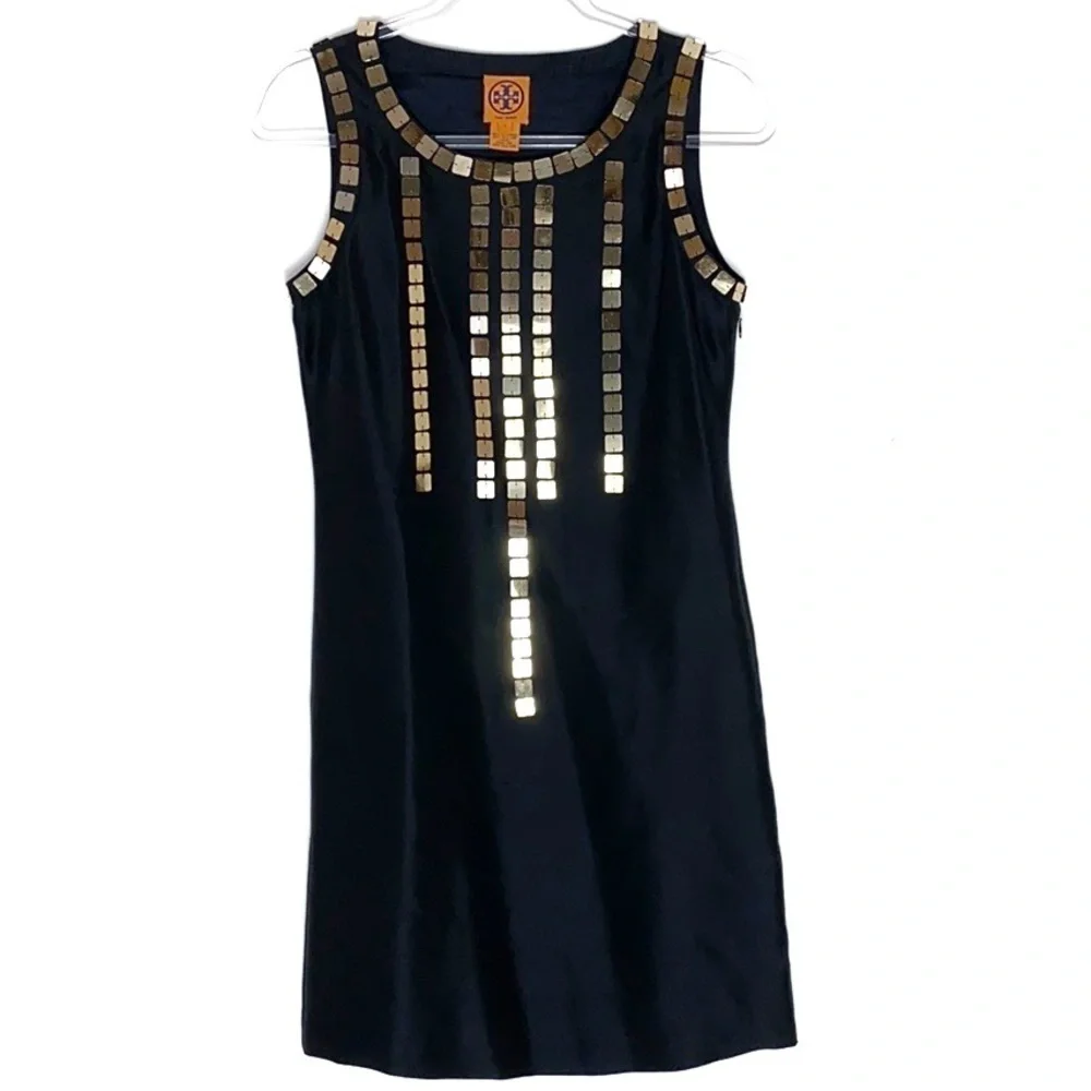 Tory Burch black silk gold sequins shift dress 2